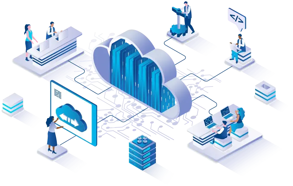 A graphic representing the Windy Windows Hosting service for multiple websites. Multiple users are seen working on various apps and sites in this illustration.